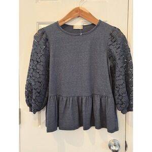 Altar'd State Women's S blue Lace Balloon Sleeve Peplum Blouse Boho Chic Floral